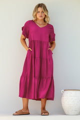 Ame Midi Dress - V Neck Frill Sleeve Tiered Dress in Magenta