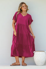 Ame Midi Dress - V Neck Frill Sleeve Tiered Dress in Magenta