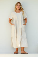 Ame Midi Dress - V Neck Frill Sleeve Tiered Dress in Oatmeal