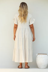 Ame Midi Dress - V Neck Frill Sleeve Tiered Dress in Oatmeal