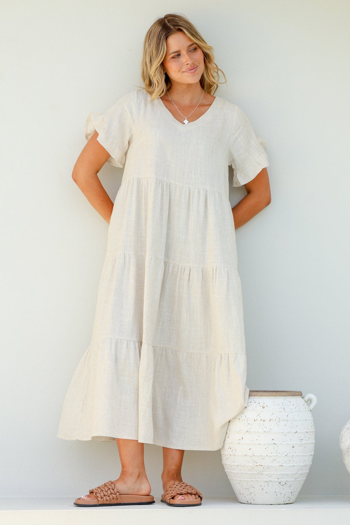 Ame Midi Dress - V Neck Frill Sleeve Tiered Dress in Oatmeal