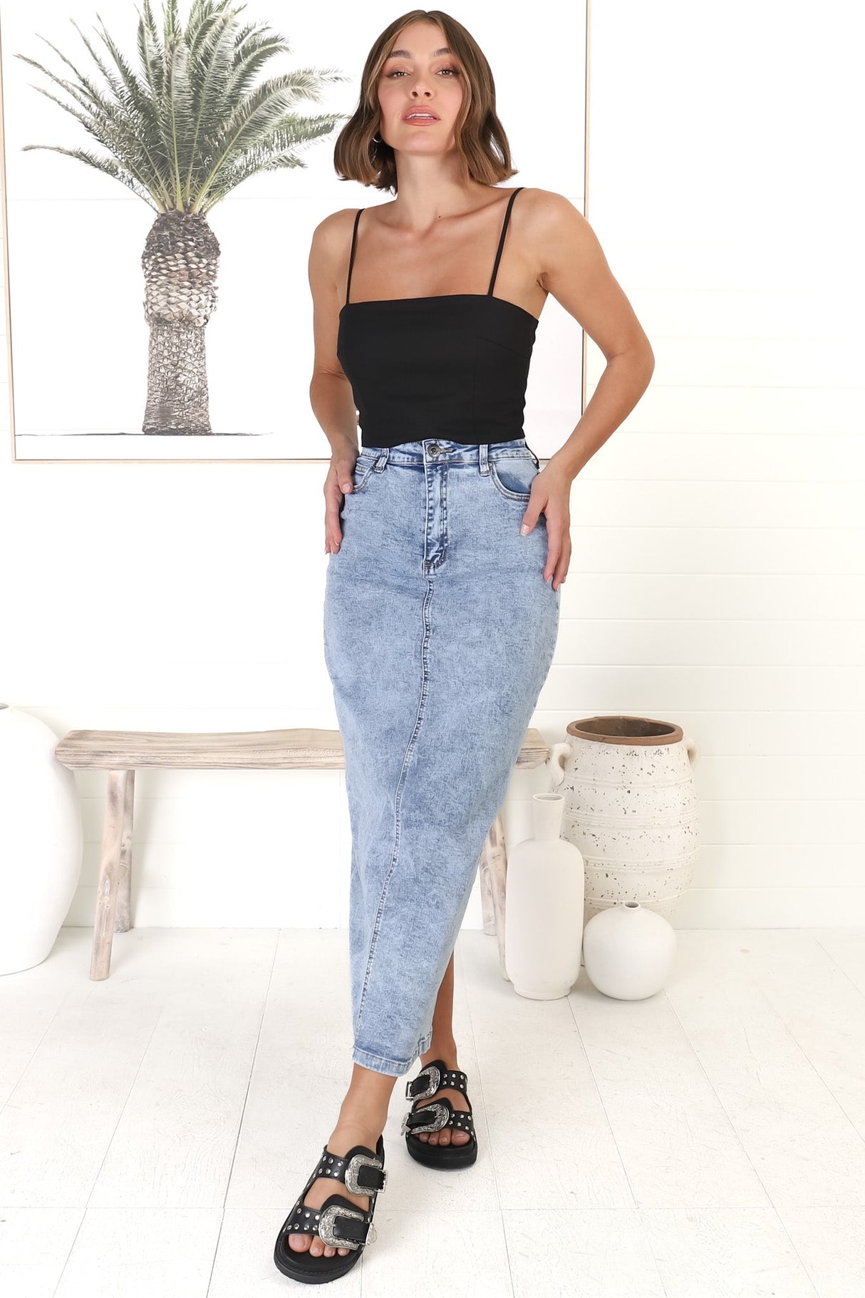 Amelie Denim Midi Skirt - Stretchy High Waisted Acid Wash Skirt with Back Split