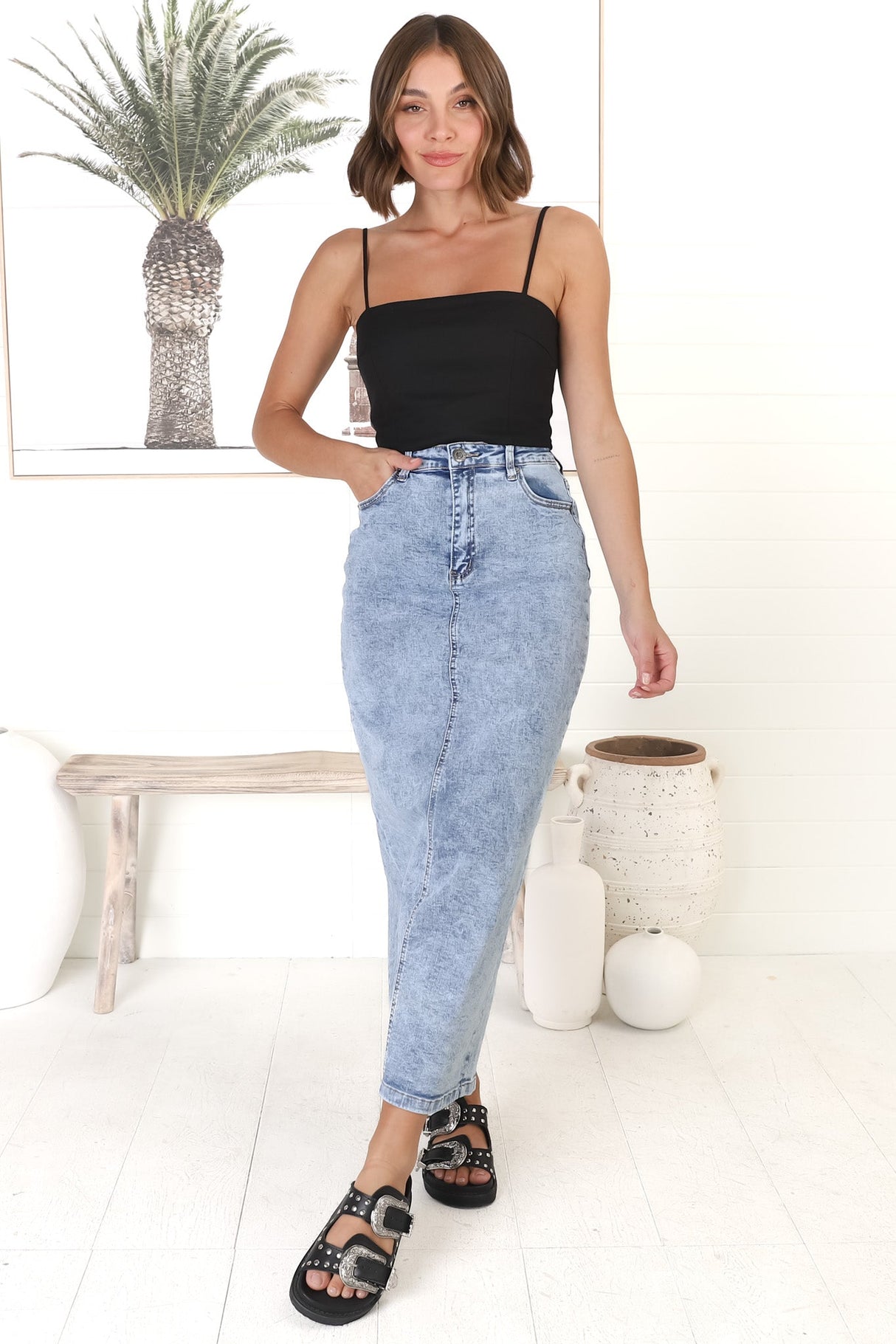 Amelie Denim Midi Skirt - Stretchy High Waisted Acid Wash Skirt with Back Split