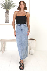 Amelie Denim Midi Skirt - Stretchy High Waisted Acid Wash Skirt with Back Split