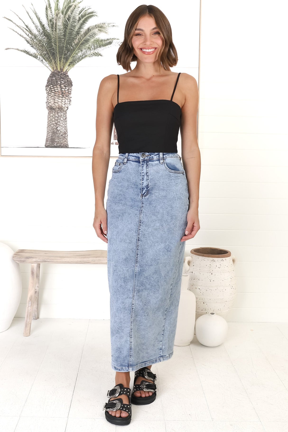 Amelie Denim Midi Skirt - Stretchy High Waisted Acid Wash Skirt with Back Split