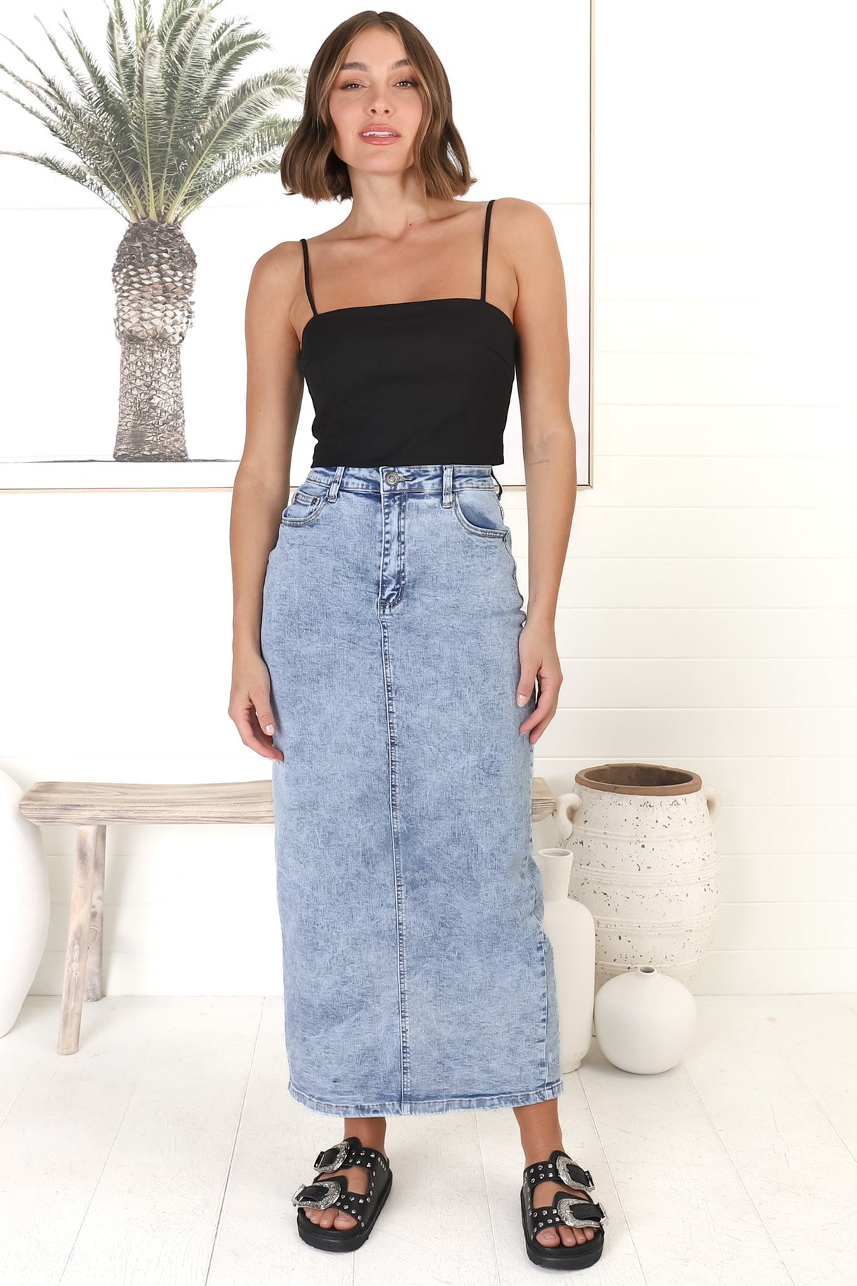 Amelie Denim Midi Skirt - Stretchy High Waisted Acid Wash Skirt with Back Split