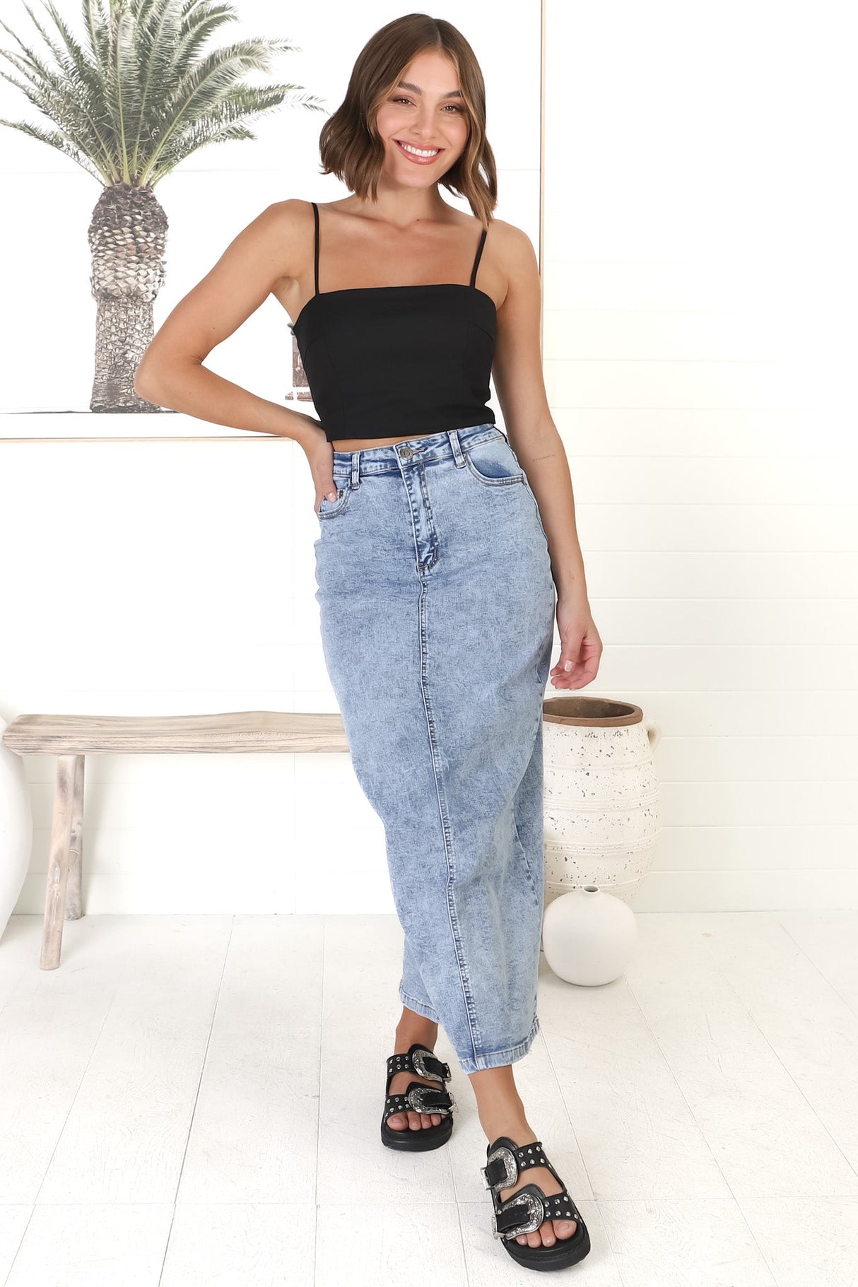 Amelie Denim Midi Skirt - Stretchy High Waisted Acid Wash Skirt with Back Split