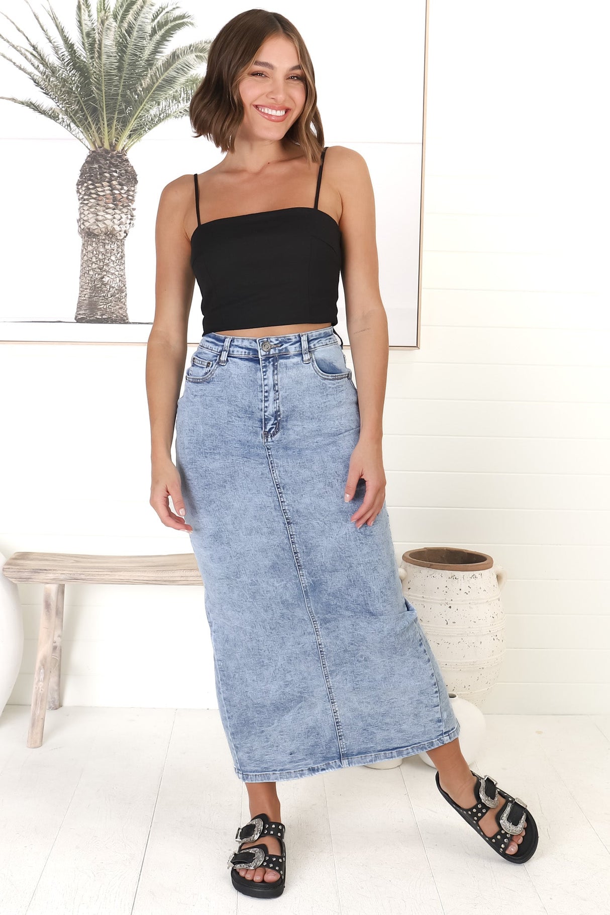 Amelie Denim Midi Skirt - Stretchy High Waisted Acid Wash Skirt with Back Split