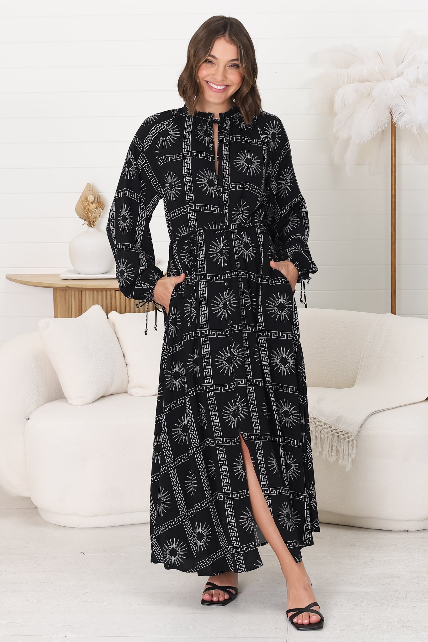 Amelie Maxi Dress - Frill Collar Button Through Dress with Waist Tie in Astra Print Black