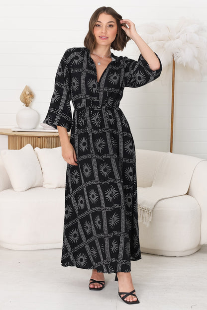 Amelie Maxi Dress - Frill Collar Button Through Dress with Waist Tie in Astra Print Black