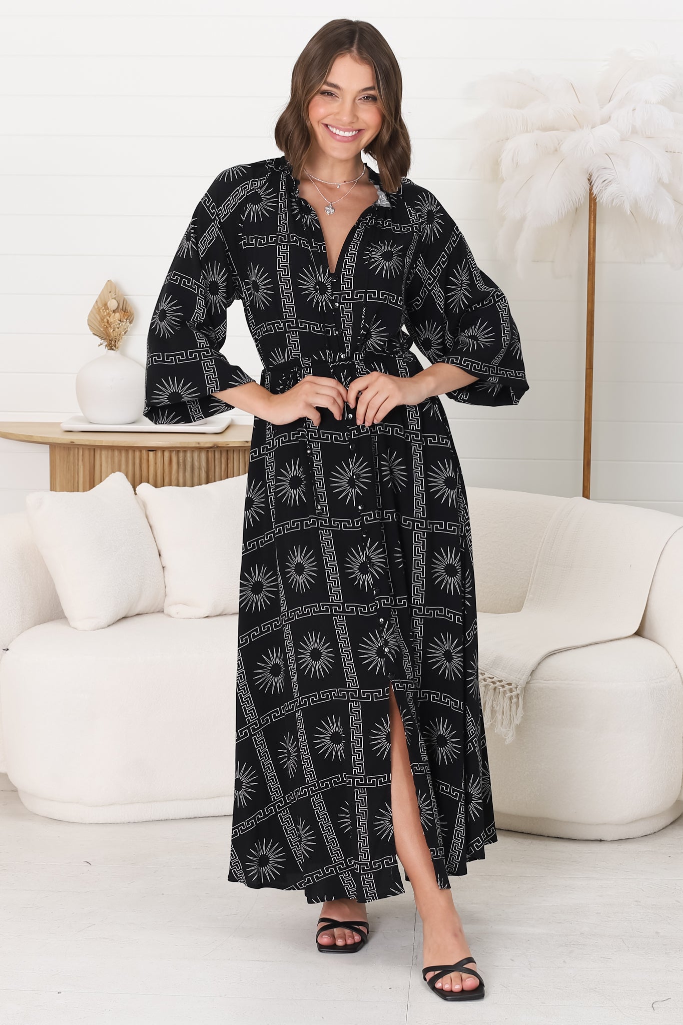 Amelie Maxi Dress - Frill Collar Button Through Dress with Waist Tie in Astra Print Black