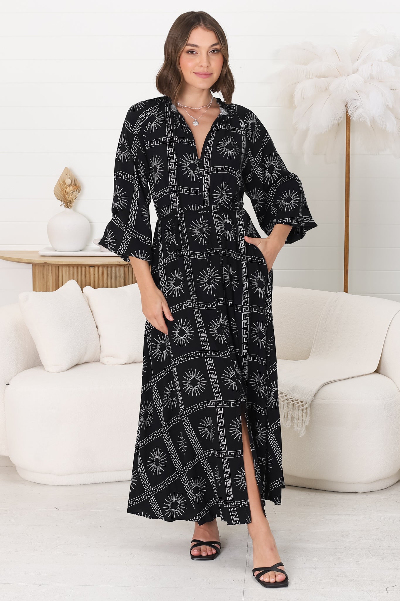 Amelie Maxi Dress - Frill Collar Button Through Dress with Waist Tie in Astra Print Black