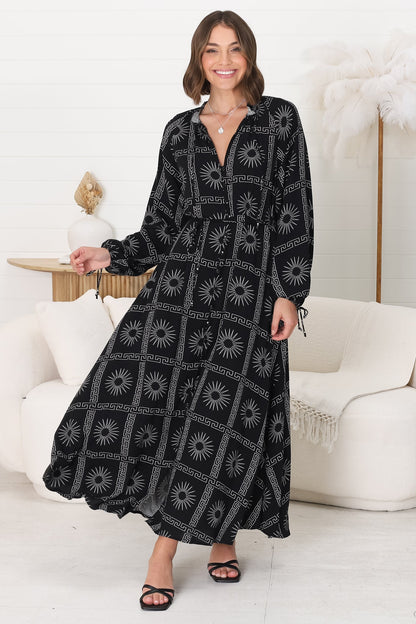 Amelie Maxi Dress - Frill Collar Button Through Dress with Waist Tie in Astra Print Black