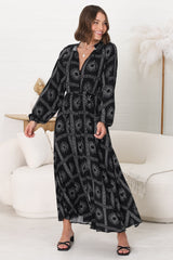 Amelie Maxi Dress - Frill Collar Button Through Dress with Waist Tie in Astra Print Black