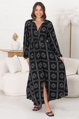 Amelie Maxi Dress - Frill Collar Button Through Dress with Waist Tie in Astra Print Black