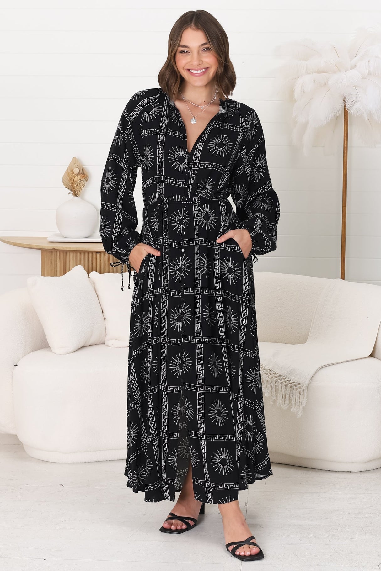 Amelie Maxi Dress - Frill Collar Button Through Dress with Waist Tie in Astra Print Black