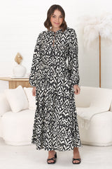 Amelie Maxi Dress - Frill Collar Button Through Dress with Waist Tie in Dayah Print