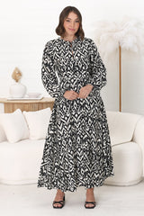 Amelie Maxi Dress - Frill Collar Button Through Dress with Waist Tie in Dayah Print