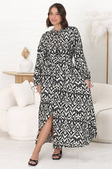 Amelie Maxi Dress - Frill Collar Button Through Dress with Waist Tie in Dayah Print