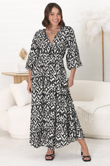 Amelie Maxi Dress - Frill Collar Button Through Dress with Waist Tie in Dayah Print