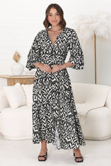 Amelie Maxi Dress - Frill Collar Button Through Dress with Waist Tie in Dayah Print