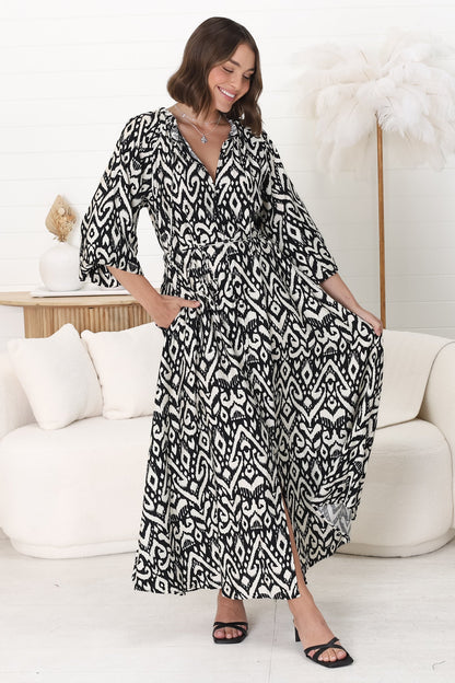 Amelie Maxi Dress - Frill Collar Button Through Dress with Waist Tie in Dayah Print