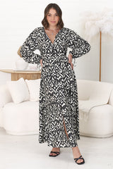 Amelie Maxi Dress - Frill Collar Button Through Dress with Waist Tie in Dayah Print