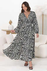 Amelie Maxi Dress - Frill Collar Button Through Dress with Waist Tie in Dayah Print