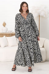 Amelie Maxi Dress - Frill Collar Button Through Dress with Waist Tie in Dayah Print