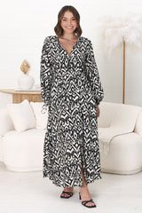 Amelie Maxi Dress - Frill Collar Button Through Dress with Waist Tie in Dayah Print