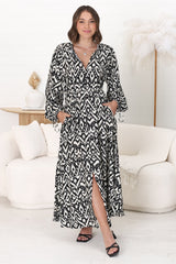 Amelie Maxi Dress - Frill Collar Button Through Dress with Waist Tie in Dayah Print