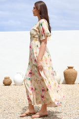 Amelita Maxi Dress - A-Line Tiered Dress with Flutter Sleeves in Daria Print