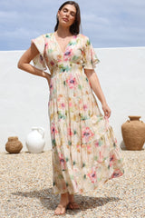 Amelita Maxi Dress - A-Line Tiered Dress with Flutter Sleeves in Daria Print