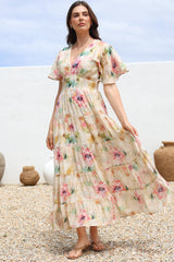 Amelita Maxi Dress - A-Line Tiered Dress with Flutter Sleeves in Daria Print