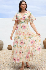 Amelita Maxi Dress - A-Line Tiered Dress with Flutter Sleeves in Daria Print