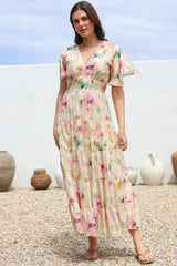 Amelita Maxi Dress - A-Line Tiered Dress with Flutter Sleeves in Daria Print