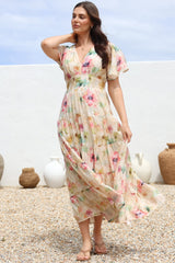 Amelita Maxi Dress - A-Line Tiered Dress with Flutter Sleeves in Daria Print