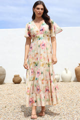 Amelita Maxi Dress - A-Line Tiered Dress with Flutter Sleeves in Daria Print