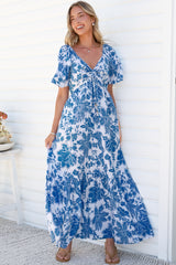 Ameya Maxi Dress - Sweetheart Neckline On or Off Shoulder Dress with Flutter Sleeves in Alina Print