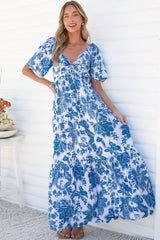 Ameya Maxi Dress - Sweetheart Neckline On or Off Shoulder Dress with Flutter Sleeves in Alina Print