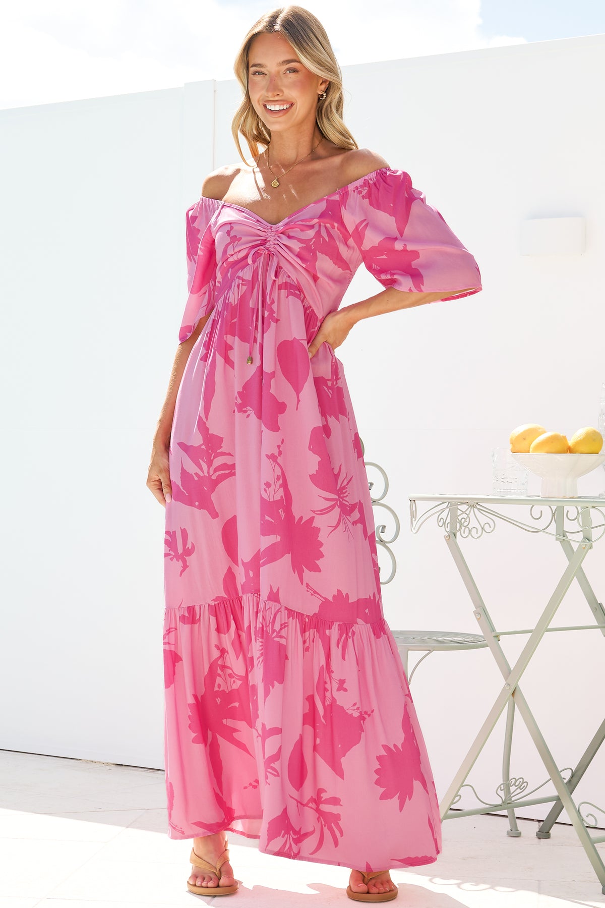 Ameya Maxi Dress - Sweetheart Neckline On or Off Shoulder Dress with Flutter Sleeves in Colter Print Pink