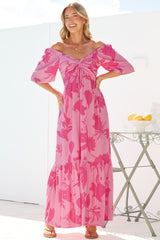 Ameya Maxi Dress - Sweetheart Neckline On or Off Shoulder Dress with Flutter Sleeves in Colter Print Pink