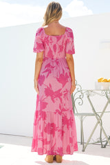 Ameya Maxi Dress - Sweetheart Neckline On or Off Shoulder Dress with Flutter Sleeves in Colter Print Pink