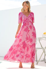 Ameya Maxi Dress - Sweetheart Neckline On or Off Shoulder Dress with Flutter Sleeves in Colter Print Pink