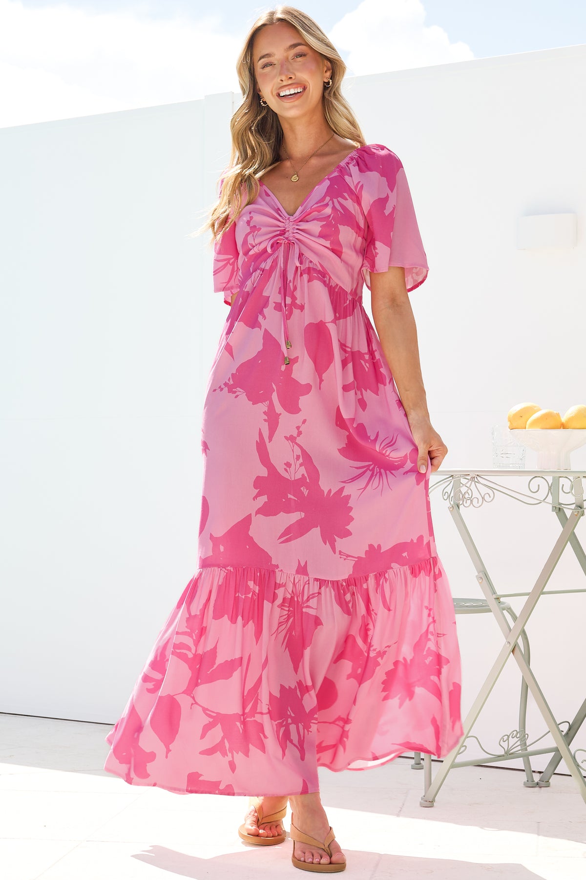 Ameya Maxi Dress - Sweetheart Neckline On or Off Shoulder Dress with Flutter Sleeves in Colter Print Pink