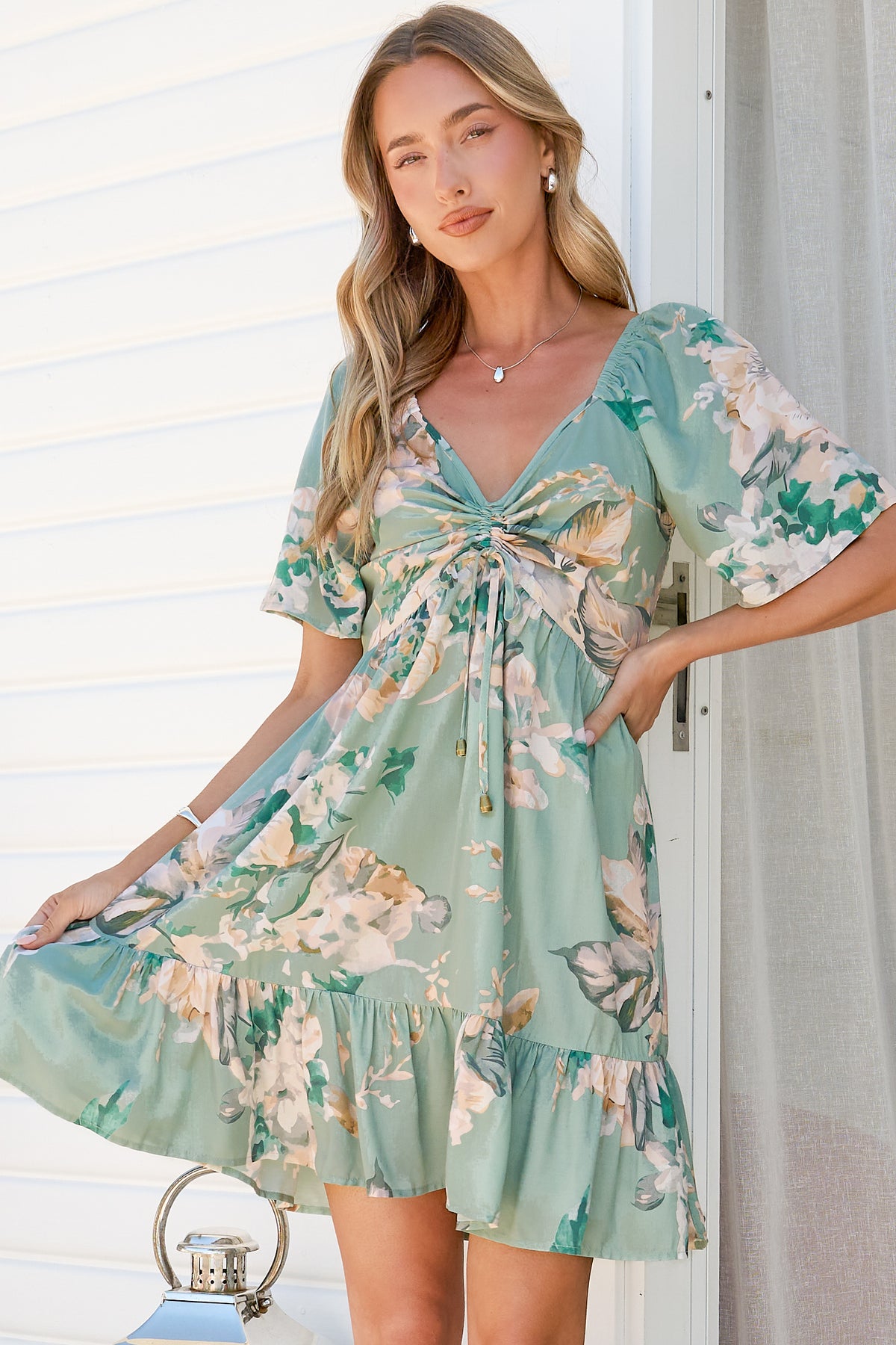 Ameya Mini Dress - Sweetheart Neckline On or Off Shoulder Dress with Tie Bust in Emerson Print