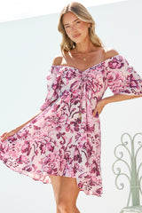 Ameya Mini Dress - Sweetheart Neckline On or Off Shoulder Dress with Tie Bust in Quest Print Pink