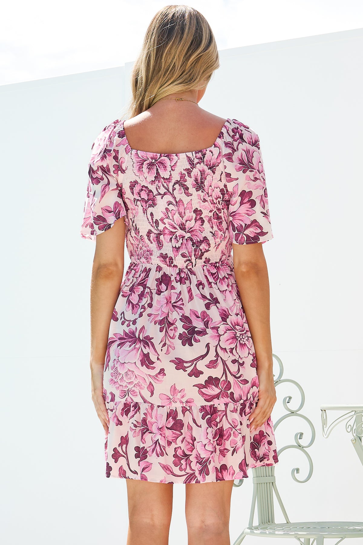 Ameya Mini Dress - Sweetheart Neckline On or Off Shoulder Dress with Tie Bust in Quest Print Pink