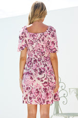 Ameya Mini Dress - Sweetheart Neckline On or Off Shoulder Dress with Tie Bust in Quest Print Pink