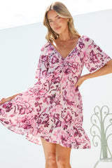 Ameya Mini Dress - Sweetheart Neckline On or Off Shoulder Dress with Tie Bust in Quest Print Pink